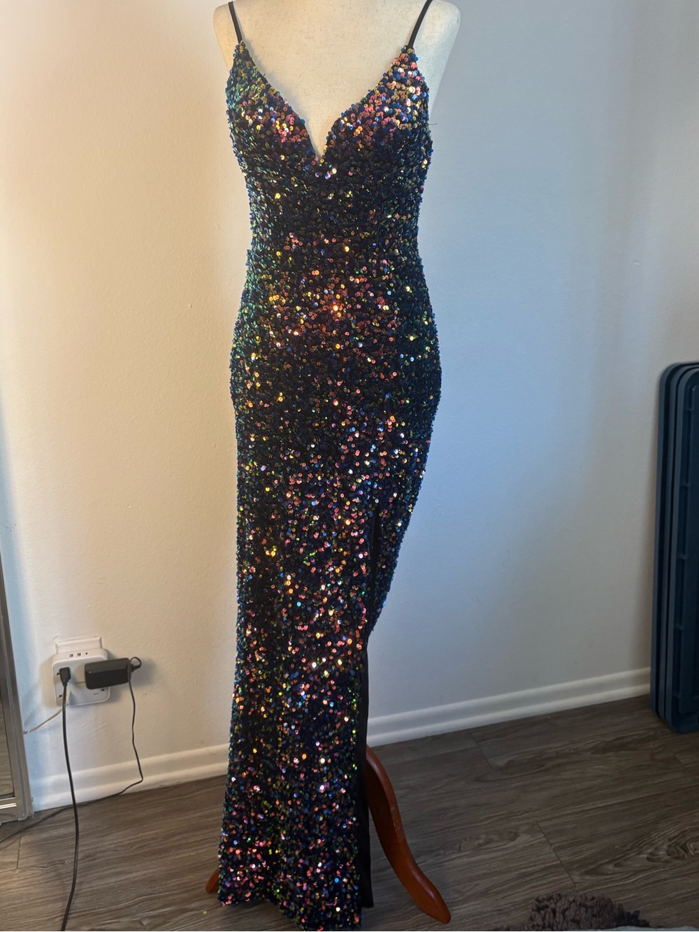 Floor length color shift sequin gown